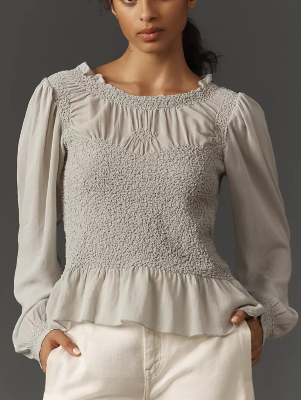 Anthropologie Light Gray Smocked Peplum Blouse